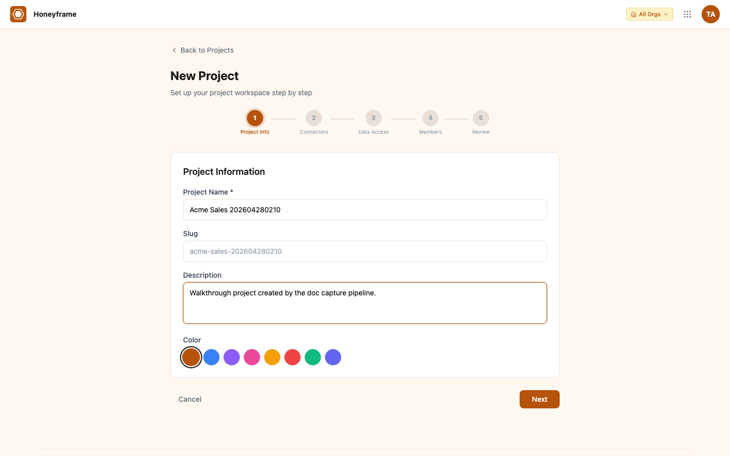 Wizard step 0 — project info