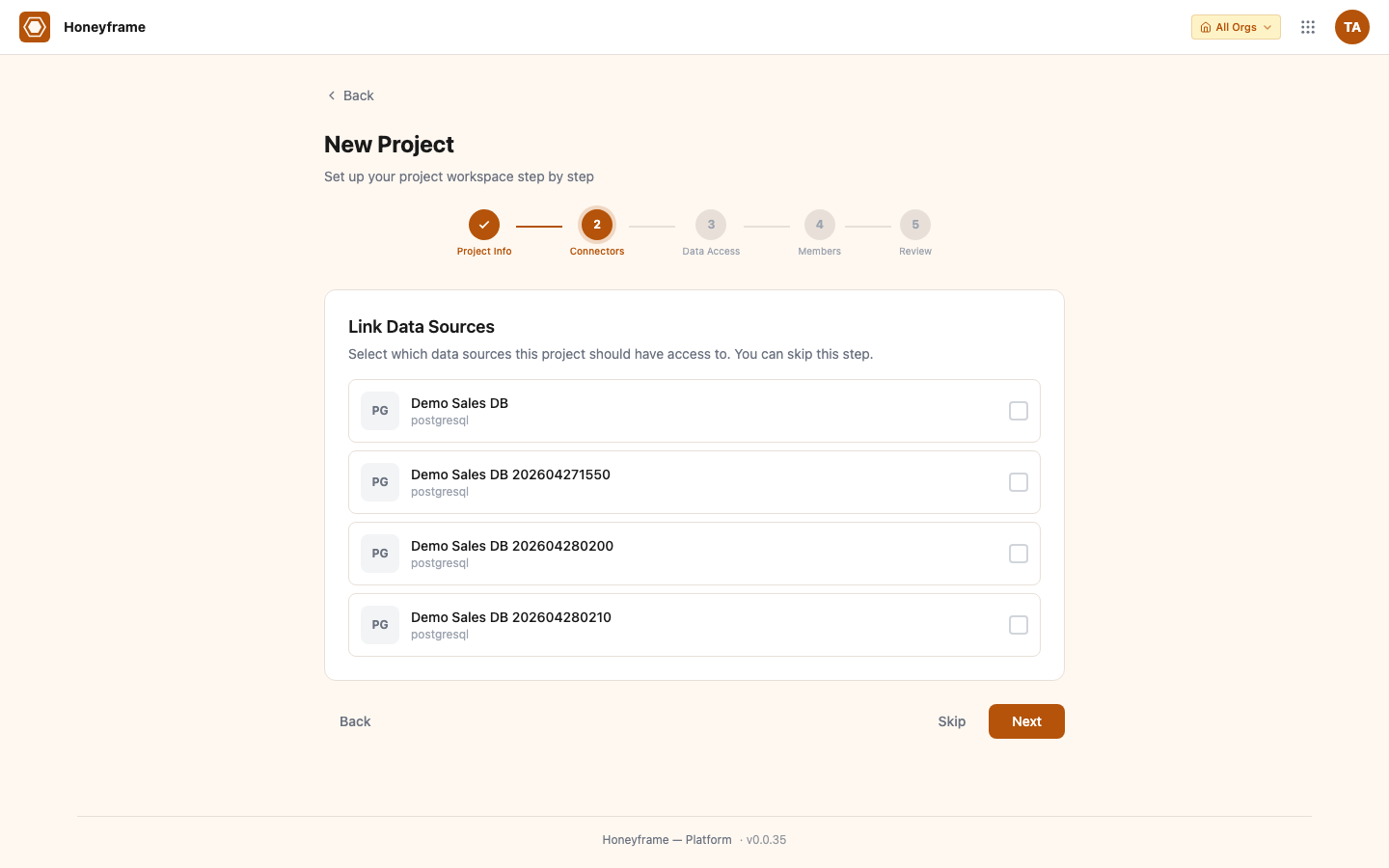 Wizard step 1 — link data sources