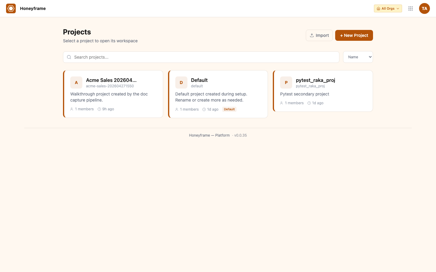 Projects list with Default project