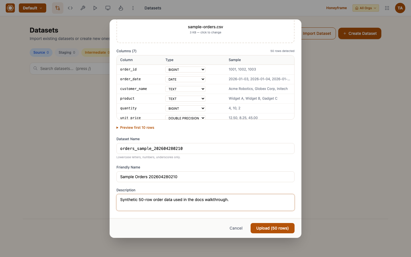 CSV upload preview