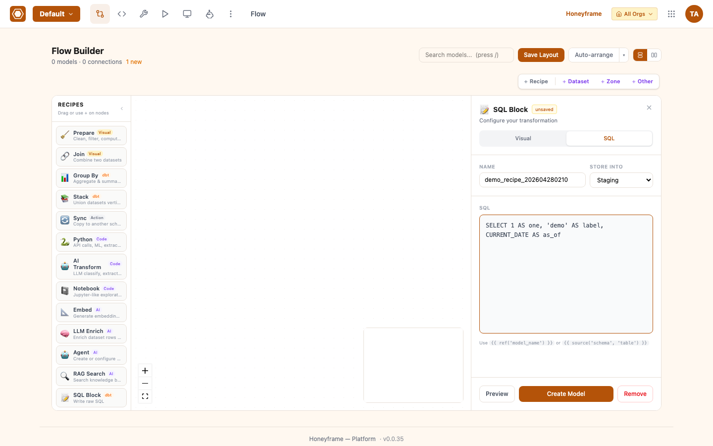 Recipe builder with SQL block